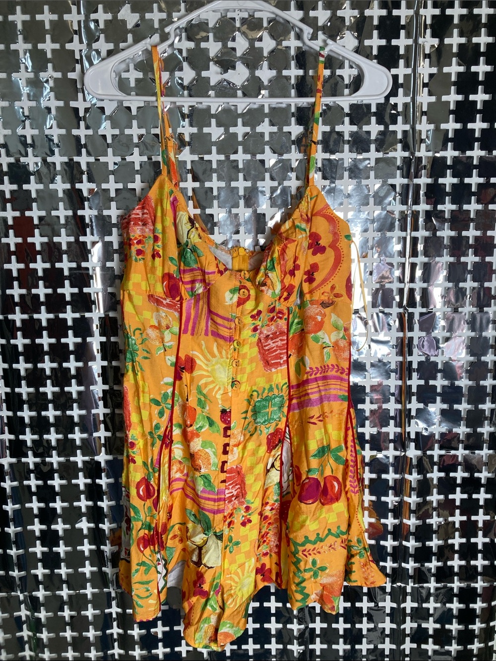 Fashion Nova Yellow Floral & Fruit Print Button-Front Romper